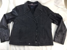 Tommy Hilfiger Women&#39;s Jean Jacket W/ Black Faux Leather Sleeve Denim Si... - £31.53 GBP