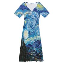 Woman&#39;s Starry Night Art V-Neck Mid Knee Length Dress (Size S to 5XL) - $34.00