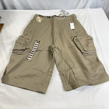 Mens 34&quot; Geo Graphic Wide Leg Tan Khaki Cargo Shorts Y2K Flat Front NEW - $17.96