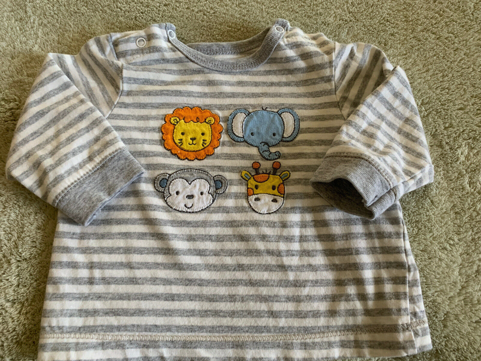 Little Me Boys White Gray Striped Lion Elephant Long Sleeve Shirt 6 Months - $4.41
