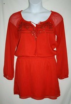 Jessica Simpson Misses MEDIUM Georgette Red Beaded Blouson Sheer Mini Dress - $16.00