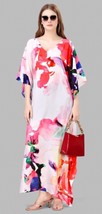 Indian Printed Feather Silk White Multi Colour Maxi Kaftan Dress Women Nightwear - £24.49 GBP