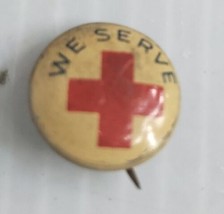 VINTAGE Green Duck Metal Stamping Company - RED CROSS WE SERVE Pinback - £11.80 GBP