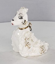 Vintage Spaghetti Poodle Dog White Figurine Sitting Gold Collar MCM Leas... - $12.19
