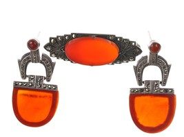 Art Deco Sterling Carnelian/Marcasite Brooch and earrings - $217.80