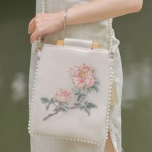 Peony Flower Embroidered Shoulder Bag Pearl Chain Women Retro Floral Han... - £61.79 GBP