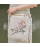 Peony Flower Embroidered Shoulder Bag Pearl Chain Women Retro Floral Han... - £59.05 GBP