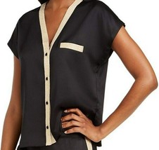 INC Women&#39;s Metallic Tuxedo Stripe Satin Pajamas Top, Black, S &quot;TOP ONLY&quot; - £7.82 GBP