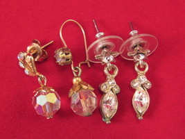 Dangle Earrings 2 Silver &amp; Gold Tone Earring W/ Rhinestones Aurora Beads - £6.32 GBP