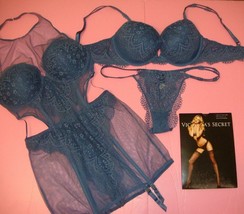 Victoria&#39;s Secret 36C Bra Set+Garter Slip+L Panty+Robe Coconut Lace Eclipse Blue - £175.54 GBP