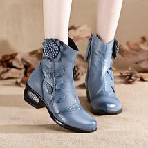 Genuine Leather Platform Boots New Autumn Winter Women Shoes Zip Round Toe Flowe - £55.12 GBP