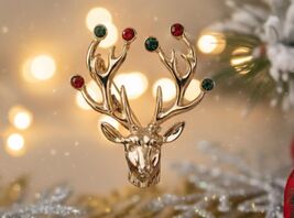 Vintage Reindeer Head Brooch | Figural Pin | Stag &amp; Antlers Christmas De... - $28.99