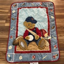 Blue Jean Teddy Baseball Baby Quilt Crib Comforter BJT 32x41.5 Rare Hard... - $85.49