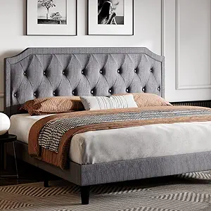 Queen Size Upholstered Platform Bed With Curved Rhombic Button Tufted He... - $259.99