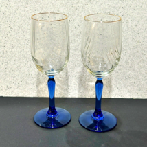 Lenox Wine Glasses 2 Cobalt Blue Stem Clear Swag Draped Bowl Gold Trim V... - £14.25 GBP