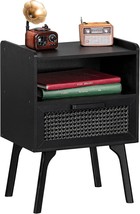 Lerliuo Rattan Nightstand, Side Table With Drawer Open Shelf, Cane Accen... - £39.06 GBP