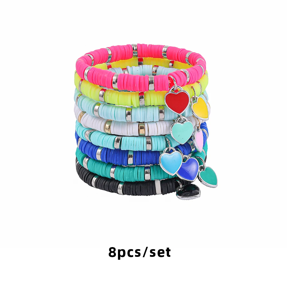 Boho Colorful Boho Polymer Clay Bracelet Set for Women Adjustable Elastic Soft P - £16.27 GBP