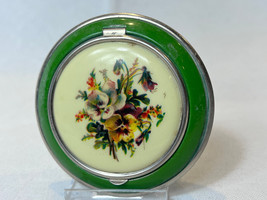 Vtg Compact Round Flower Painted Enameled Metal  Mirrored Powder Box - £31.50 GBP