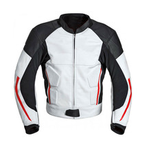 Men Black White Motor Biker Red Lines Genuine Cowhide Leather Safety Pads Jacket - £125.33 GBP