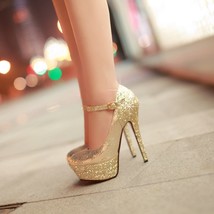 Women&#39;s Fashion Gold Silver Sequined High Heels Sexy Platform Ankle Strap High Q - £74.76 GBP