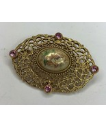 Oval Filigree Brooch Pin Painted Center Stone with Pink Rhinestones Vintage - £17.22 GBP