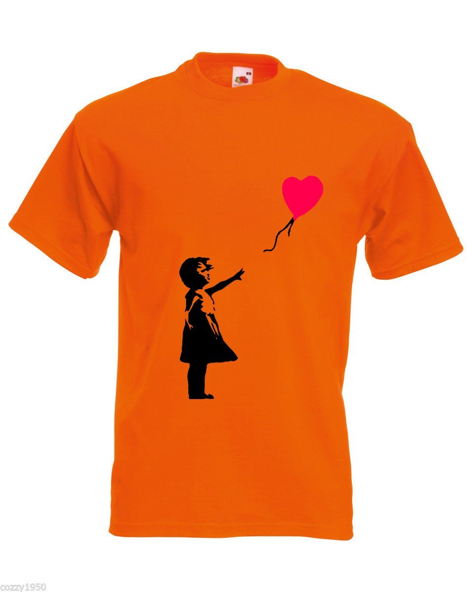 Mens T-Shirt Banksy Girl Heart Balloon, Lonely Girl tShirt Romantic Love Shirt - $24.74