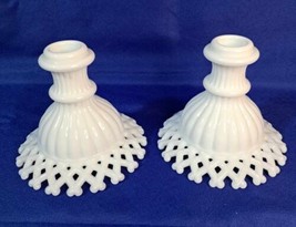 Westmoreland Lattice Edge White Milk Glass Candle Holders Set Of 2 - £25.63 GBP