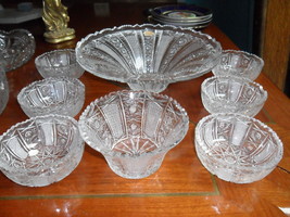 Bohemia Crystal Cut funnel bowl &amp; 6 individual fruit bowls BARDEJOV Czec... - $278.18