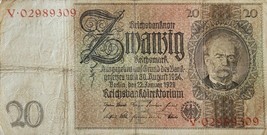 GERMANY 20 MARK REICHSBANKNOTE 1929 VERY RARE NO RESERVE - £7.43 GBP