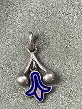 Blue Enamel Tulip Flower Flanked by Two Thick 925 Marked Silver Ball Bead Frame - £22.56 GBP