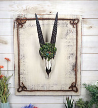Rustic Western Oryx Gazelle Antelope Skull With Green Roses Wall Decor Plaque - £36.76 GBP