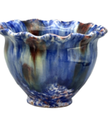 Vtg Art Pottery Ruffled Vase Bowl 2.75&quot; Blue Drip Flow Glaze Italy Signe... - $19.78 CAD
