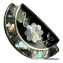 Alpaca Mexico Silver Abalone Shell Flower Brooch Pin Or Pendant 2&quot; X 1 1/8&quot; - $34.22 CAD
