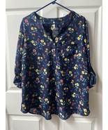 d n a Couture  Roll Tab Long Sleeve Blouse Womens Plus Size 1X Blue Flor... - £13.14 GBP