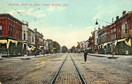 Goshen Indiana~North On Main STREET-STOREFRONTS-TROLLEY TRACK-1909 Postcard - £3.90 GBP