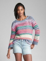 New GAP Women Striped Pink Teal Long Sleeve Crew Neck Crochet Sweater XS - £27.52 GBP