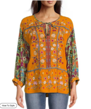 John Mark BOHO Woven Floral Embroidered Split Neck Tie Front 3/4 Sleeve Top M - £56.64 GBP