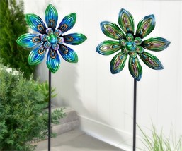 Flower Wind Spinner Garden Stakes 47" High Set of 2 Metal Blue Green Peacock image 2