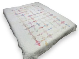 Vtg Snowball Feed Sack Quilt Multicolor White Border Scallop Distressed 65x81” - £142.52 GBP