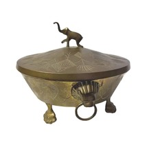 Vintage Brass Elephant Design Brass Bowl w Lid Round Footed Tibetan - $20.73