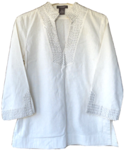 Kenar Linen Tunic Blouse Shirt Womens Size 8 Oatmeal Beaded Embellishments * - £35.19 GBP