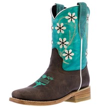 Kids Western Boots Flower Embroidered Leather Teal Brown Square Toe Botas - £43.85 GBP