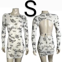 Y2K White Mesh Butterflies Print Cut Out Open Back Tie Stretchy Dress~Si... - £21.49 GBP