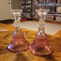Vtg Pair of Reversible Candle Holder&#39;s Bell Shaped Pink Clear Glass Votive 7.5&quot;t - £32.20 GBP