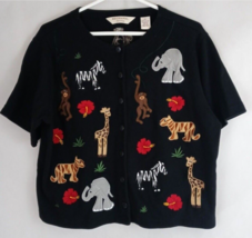 Vintage Bechamel Black Cardigan Sweater With Embroidered Jungle Animal Design PL - £15.25 GBP