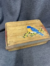 Hand painted Antique Wood Cigar Box w/Metal Closure Bar 6.5x9x3” Bluebird Signed - £27.45 GBP
