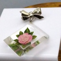 Vintage Bow Brooch with Dangling Lucite Encased Flower, Romantic 1930s Pin - £25.51 GBP