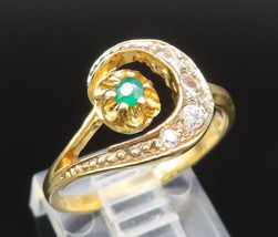 18K GOLD - Vintage Floral Green Stone &amp; Cubic Zirconia Swirl Ring Sz 7 - GR484 - £303.47 GBP