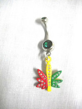 Red Yellow Green Rasta Colors &amp; Crystal Pot Leaf Charm 14g Belly Ring Navel Bar - £6.38 GBP