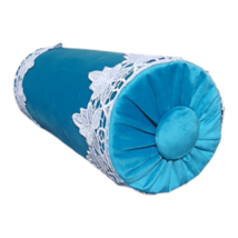 Decorative Bolster Pillow, Blue Velvet, Cotton Lace, Unique, Classic, 6x16&quot; - £42.24 GBP